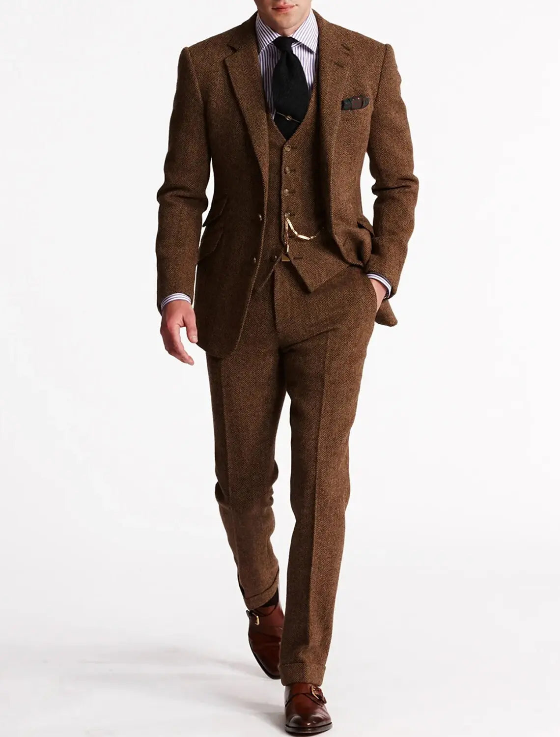 Men's Slim Fit Three-Piece Tweed Suit Classic Tailored