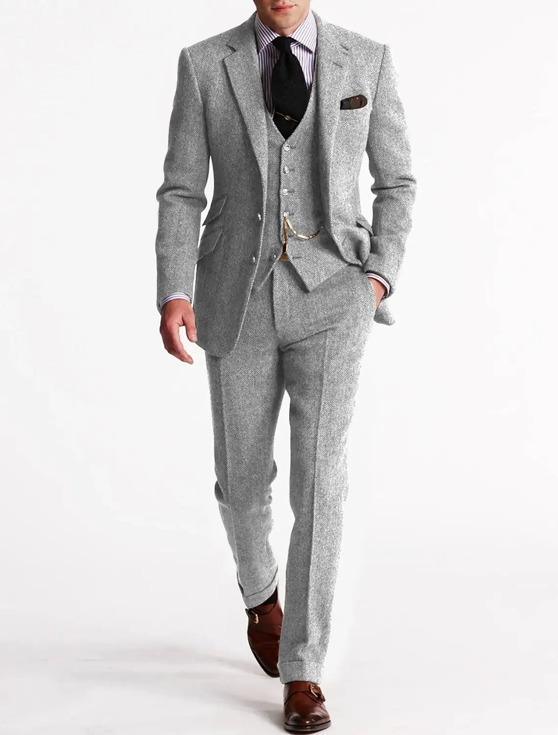 Men's Slim Fit Three-Piece Tweed Suit Classic Tailored