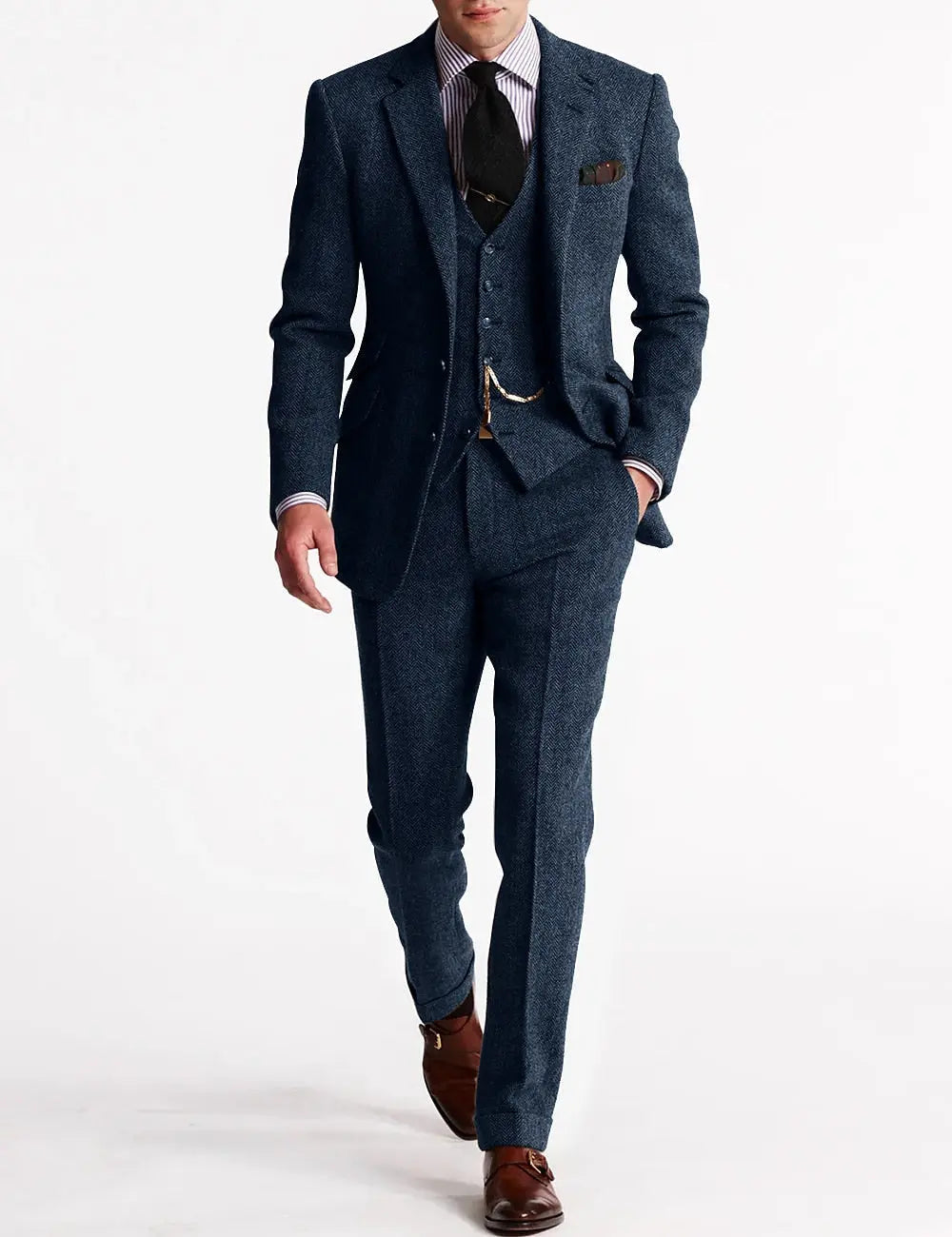 Men's Slim Fit Three-Piece Tweed Suit Classic Tailored