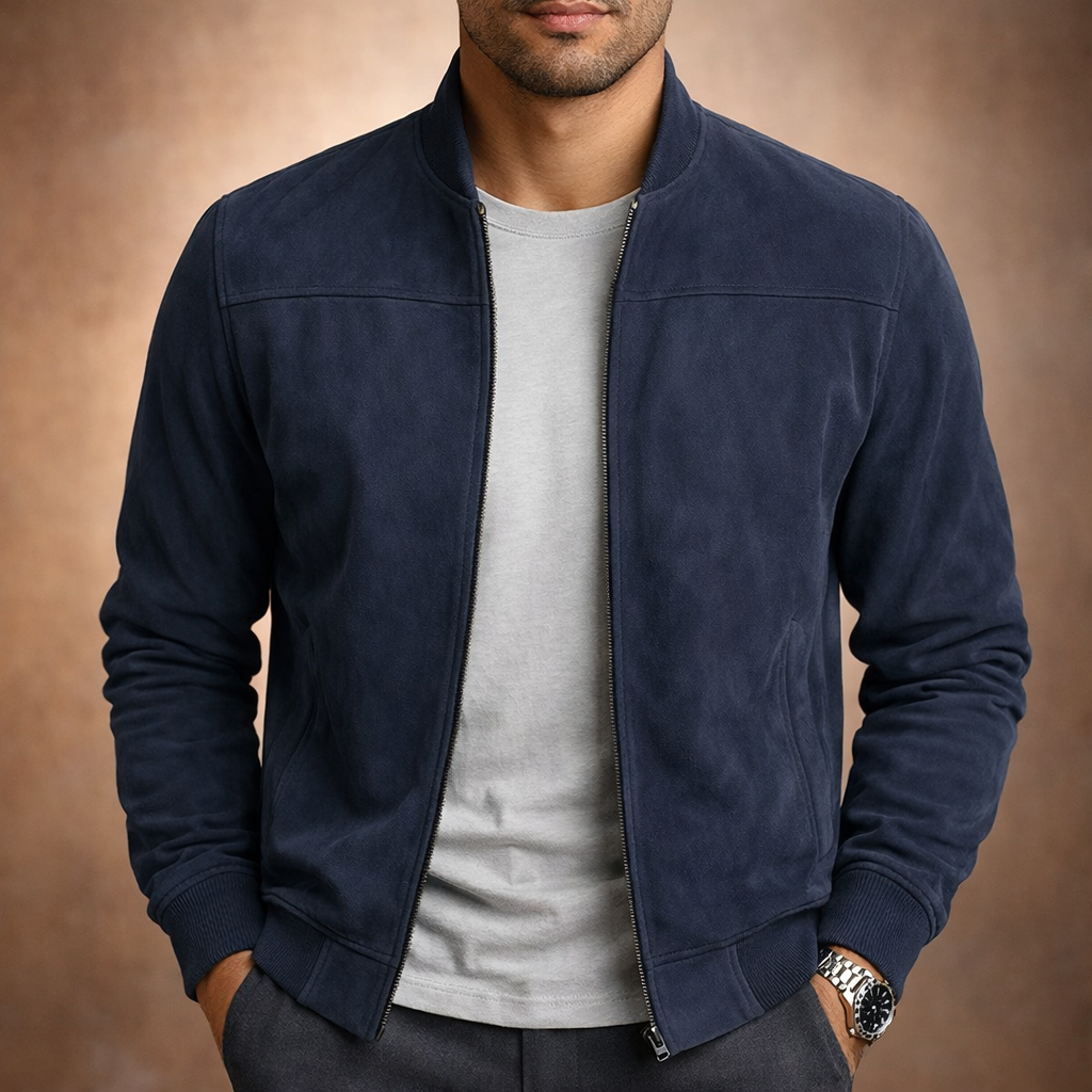 Men's Suede Bomber Jacket Lightweight Smart Casual Outerwear