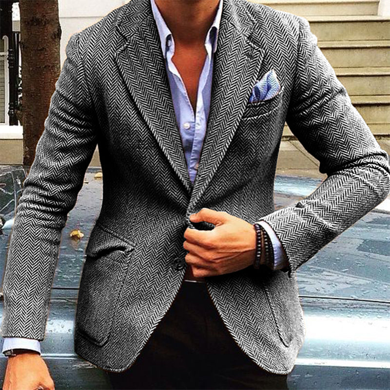 Men's Vintage Herringbone Wool Blend Blazer Smart Casual Jacket