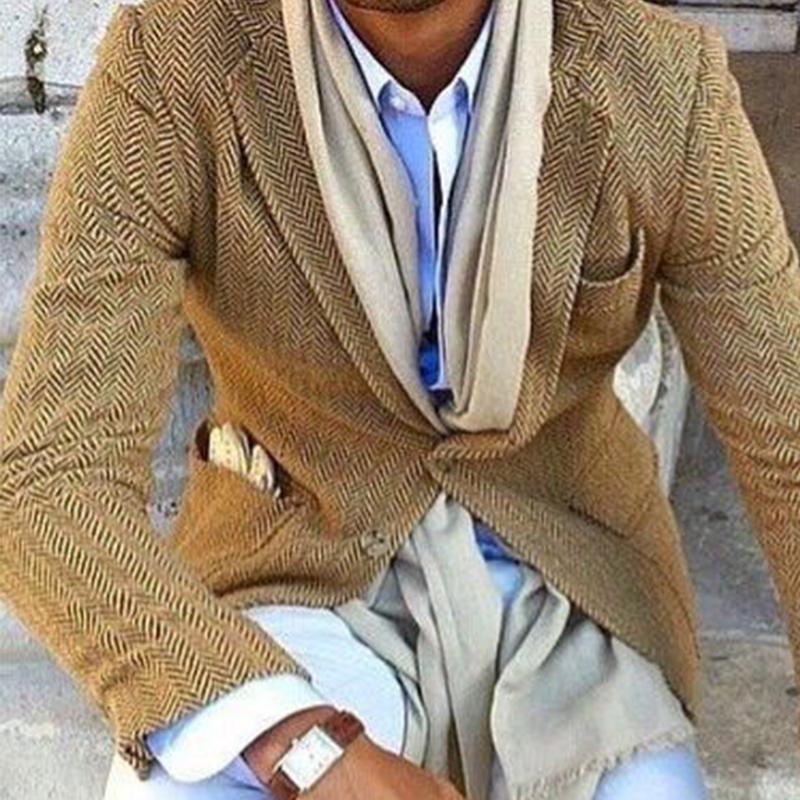 Men's Vintage Herringbone Wool Blend Blazer Smart Casual Jacket