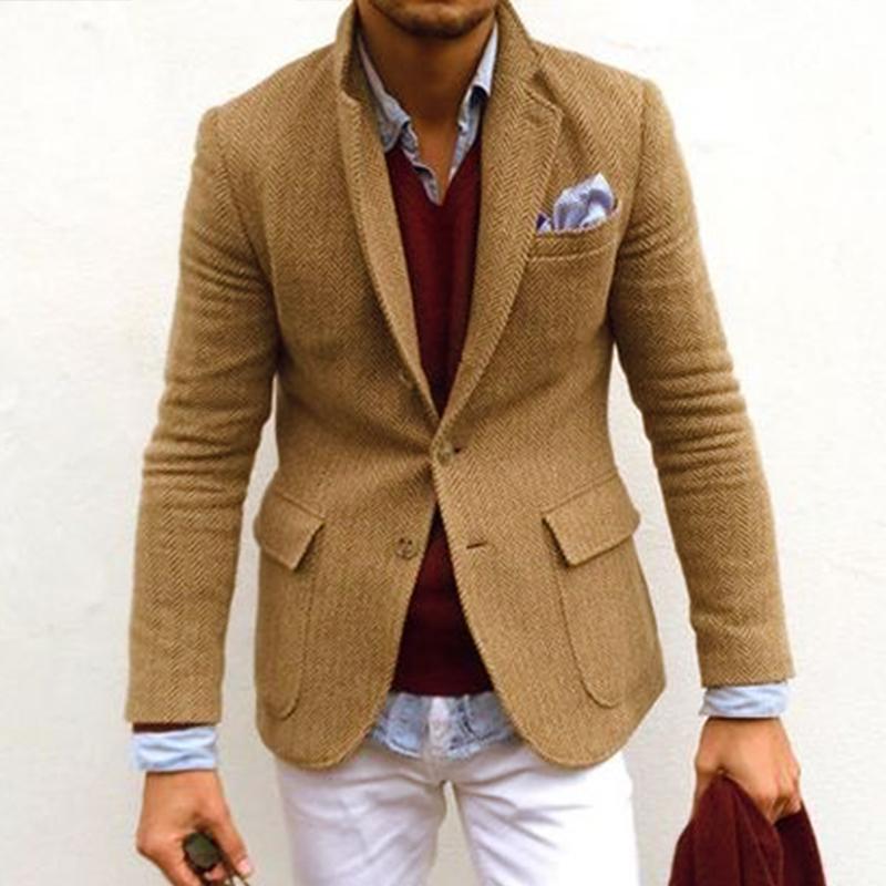 Men's Vintage Herringbone Wool Blend Blazer Smart Casual Jacket