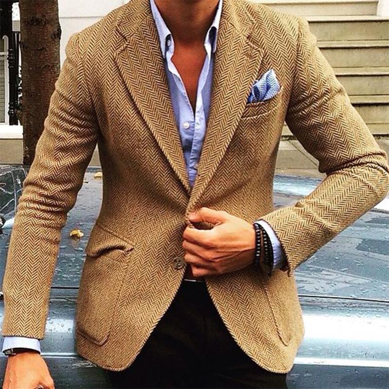 Men's Vintage Herringbone Wool Blend Blazer Smart Casual Jacket