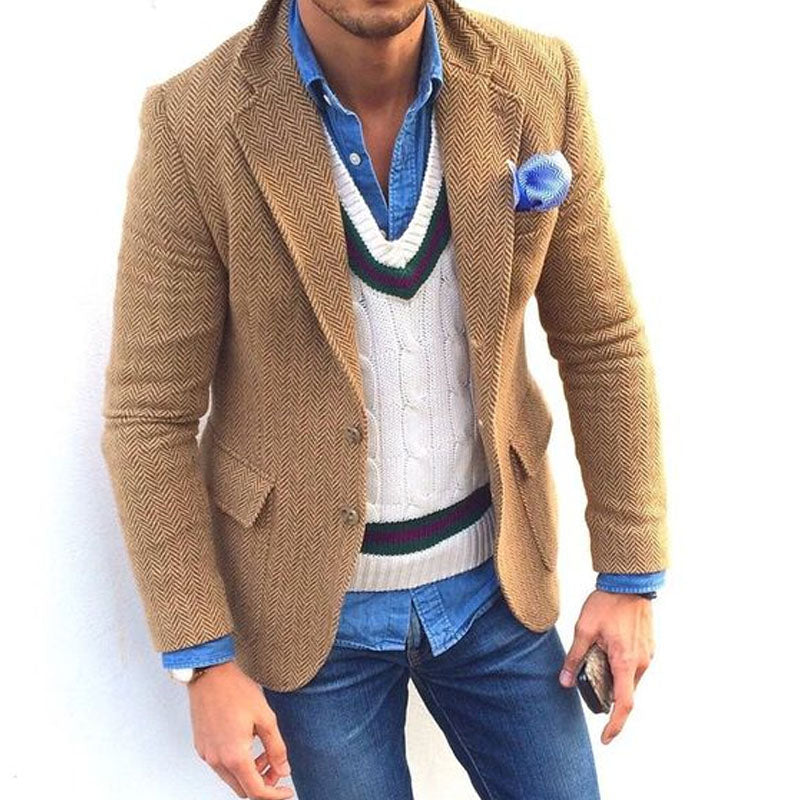 Men's Vintage Herringbone Wool Blend Blazer Smart Casual Jacket