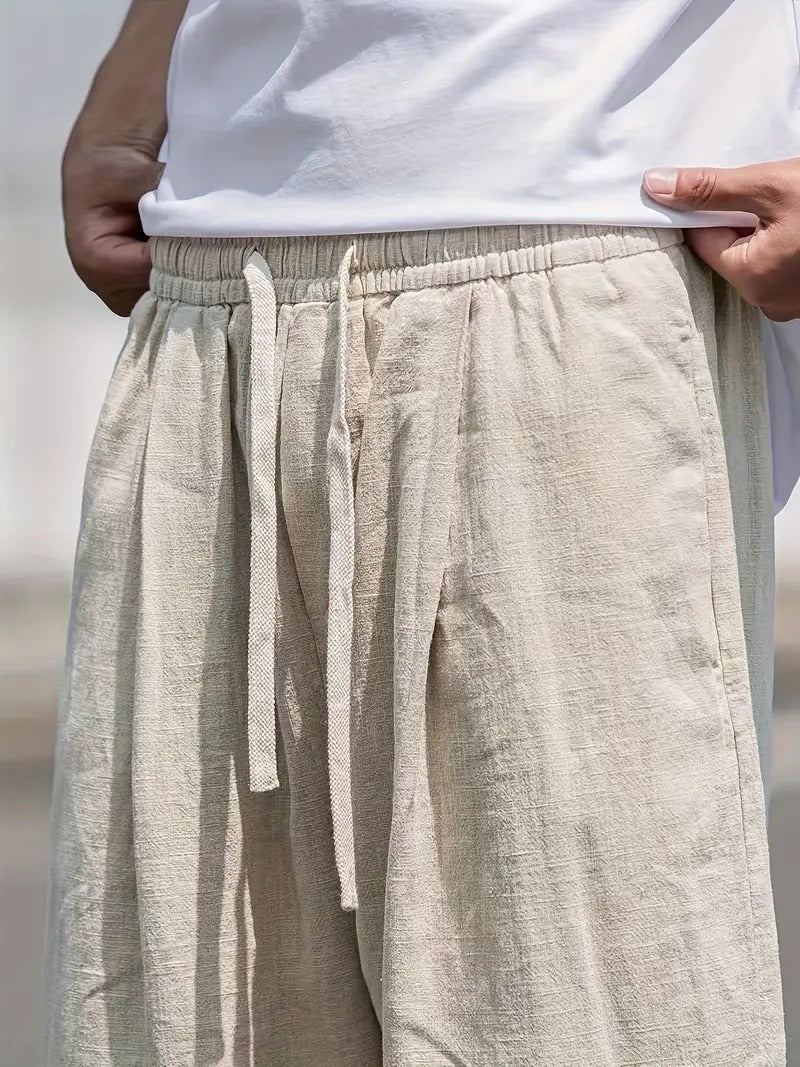Men's Wide Fit Linen Pants Elastic Waist Side Pockets