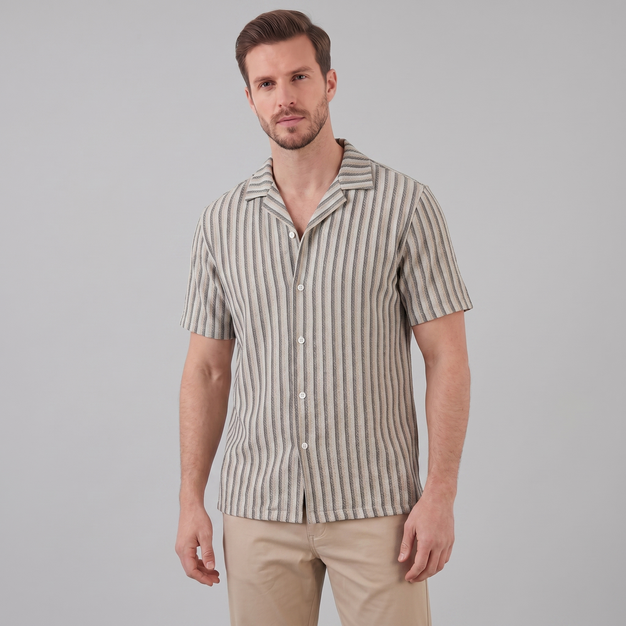 Men's Vertical Stripe Resort Shirt Camp Collar Relaxed Casual Summer