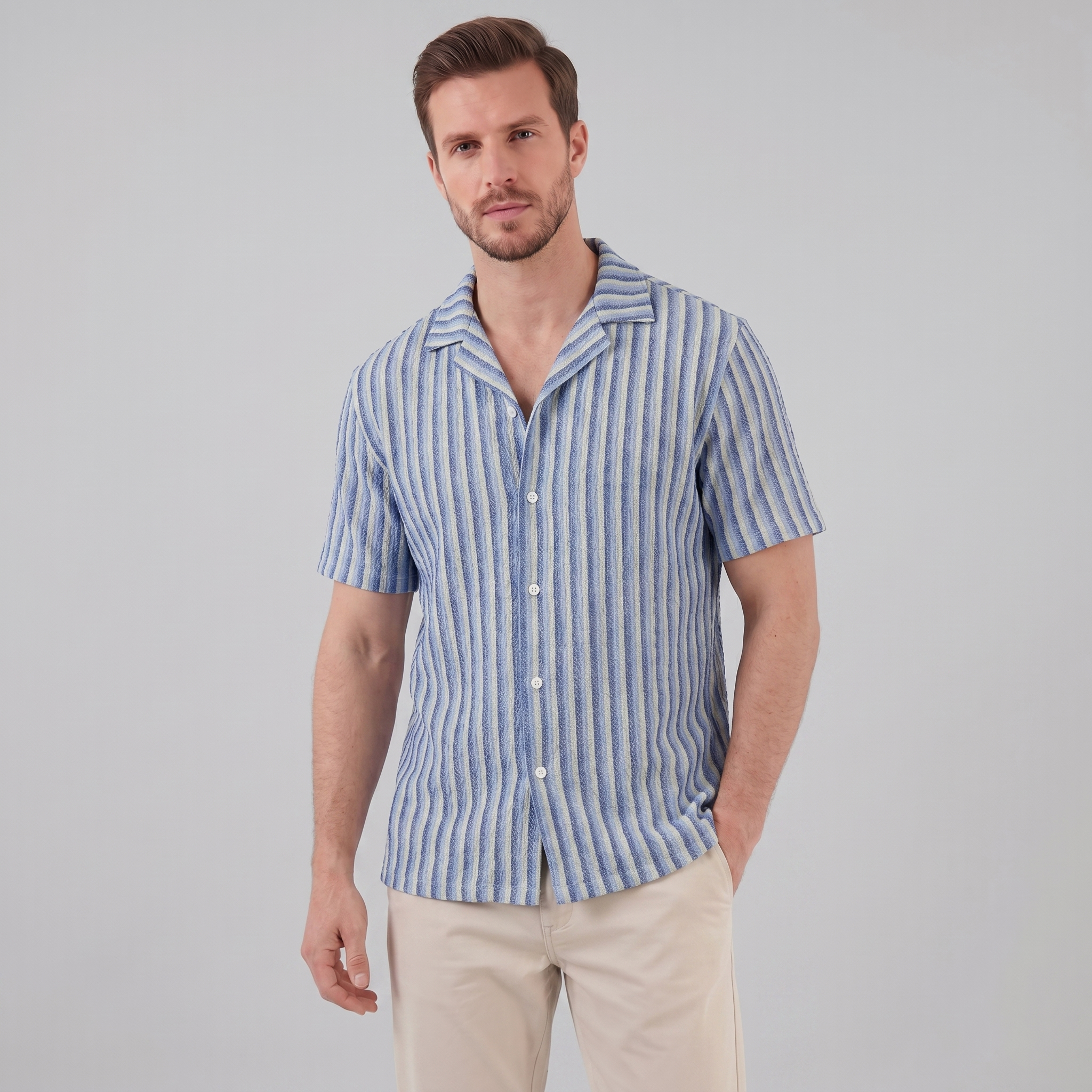 Men's Vertical Stripe Resort Shirt Camp Collar Relaxed Casual Summer