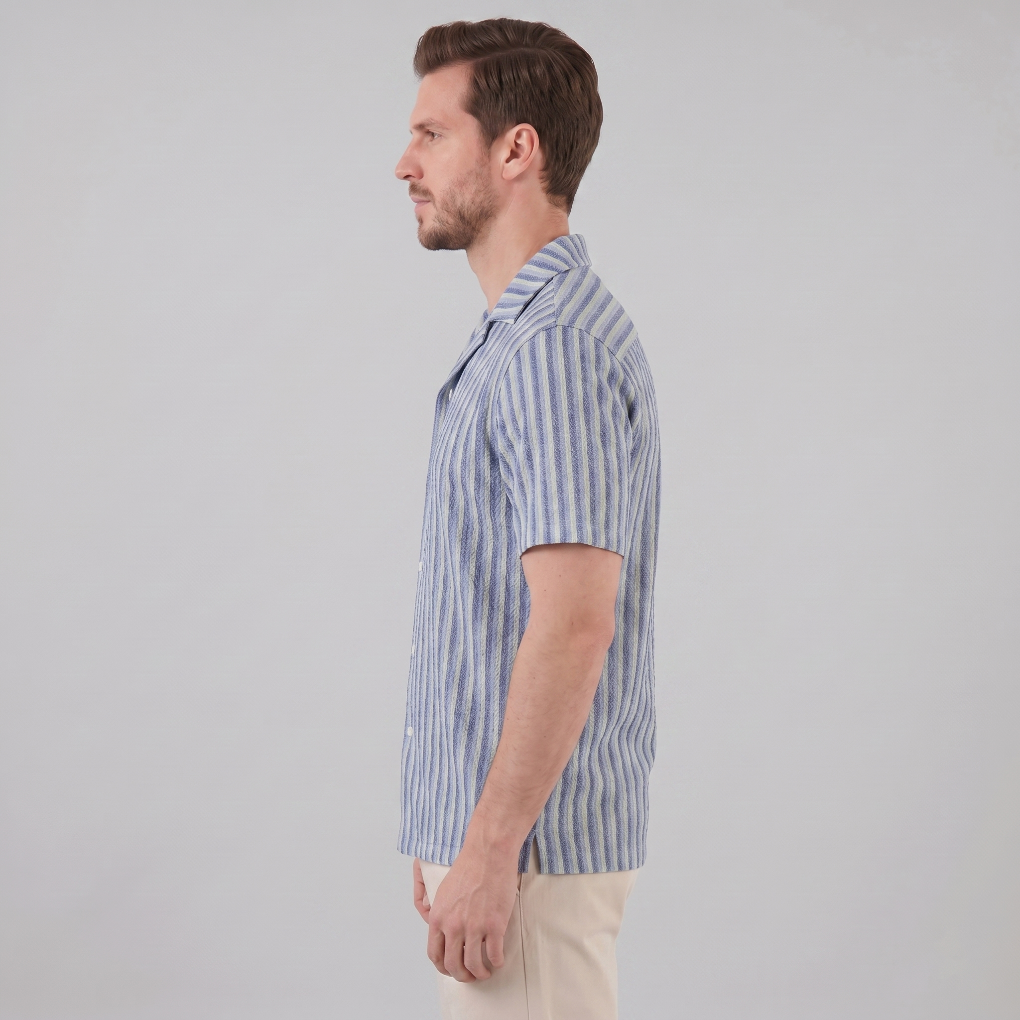 Men's Vertical Stripe Resort Shirt Camp Collar Relaxed Casual Summer