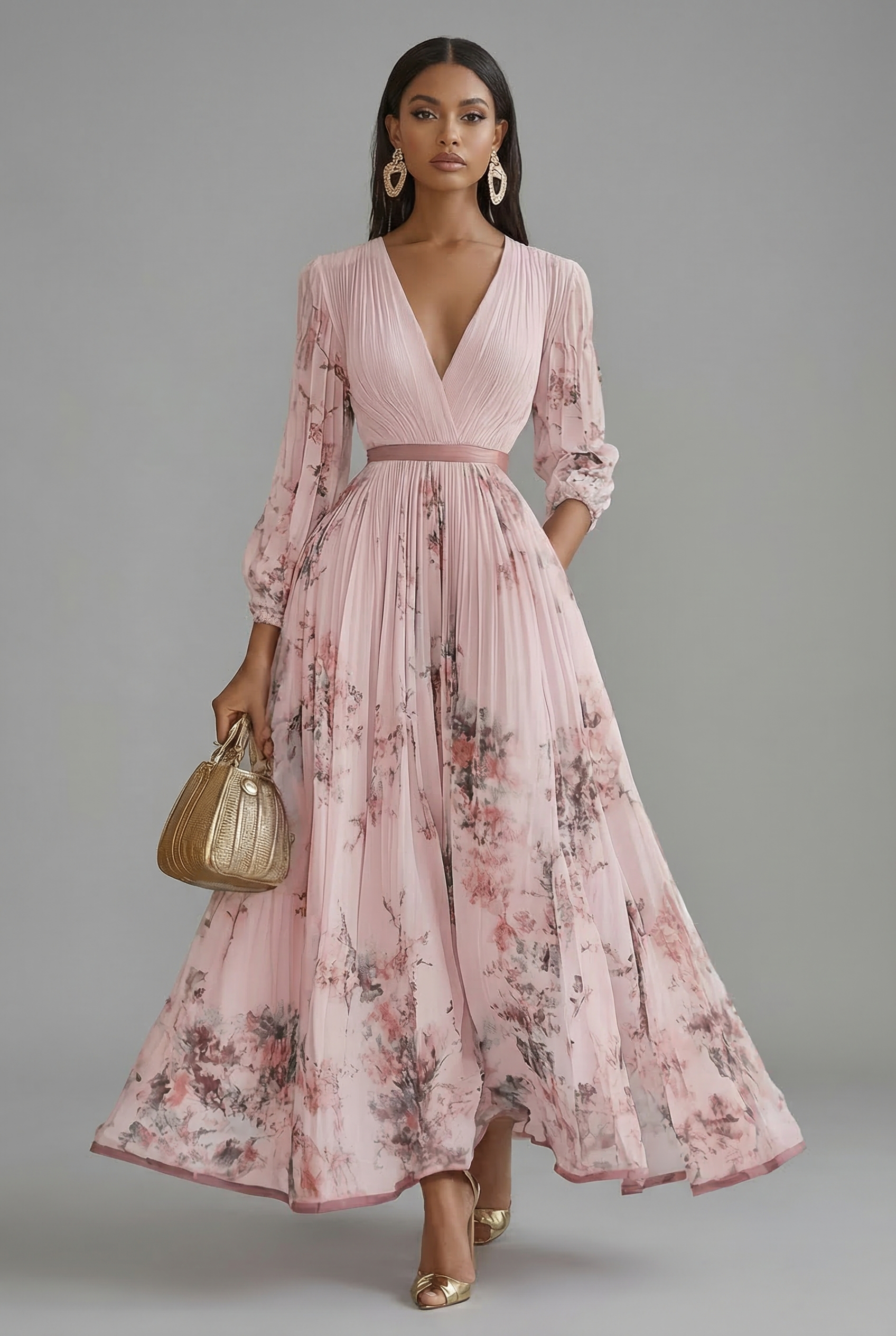 Women's Floral Maxi Dress V-Neck Long Sleeve Wedding Guest