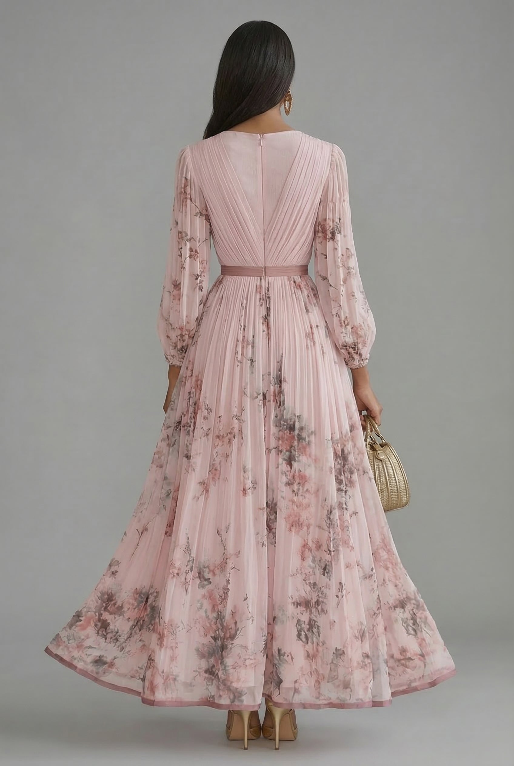 Women's Floral Maxi Dress V-Neck Long Sleeve Wedding Guest
