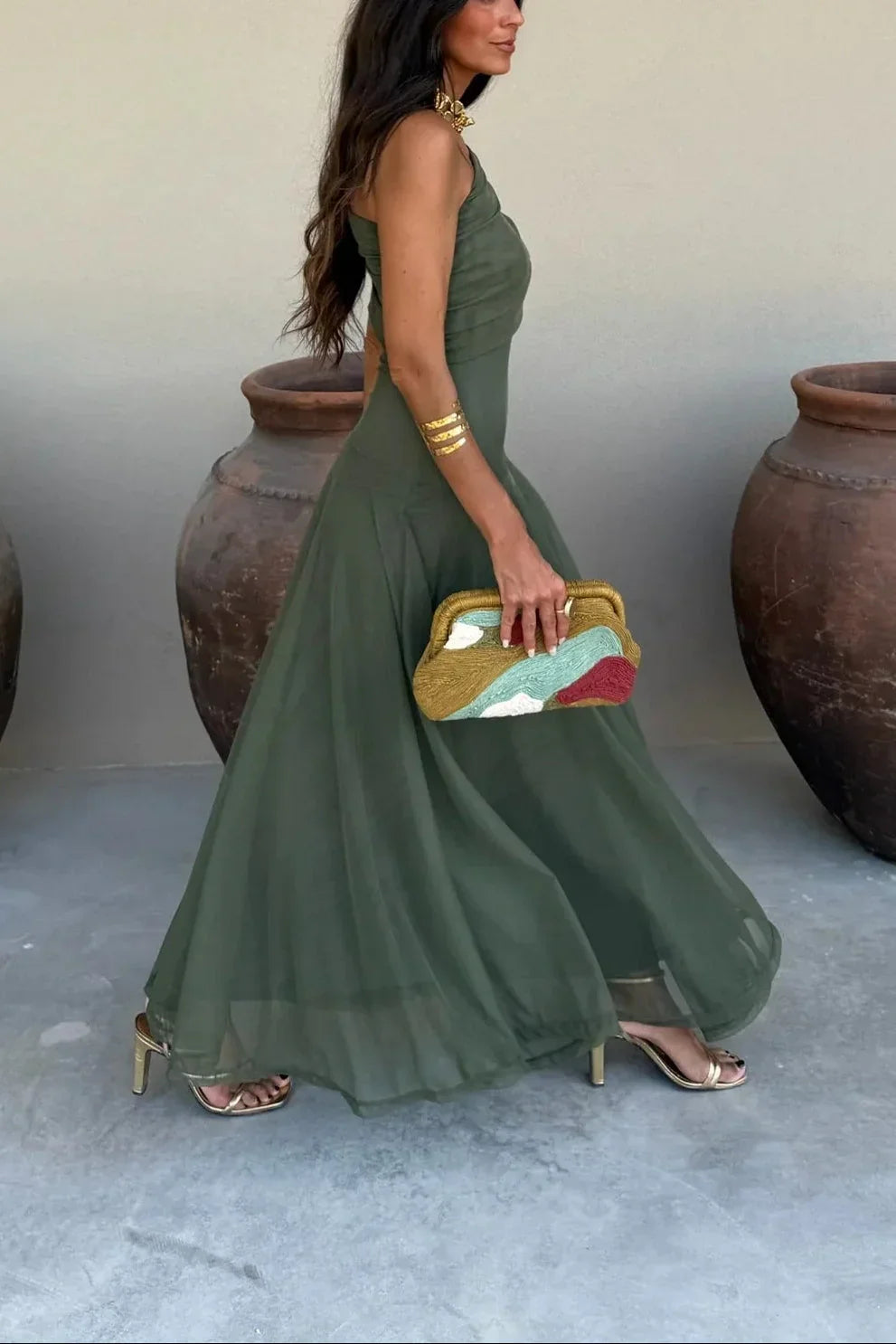 Women's Fluid Summer Dress Lightweight Breathable Flattering Shoulder