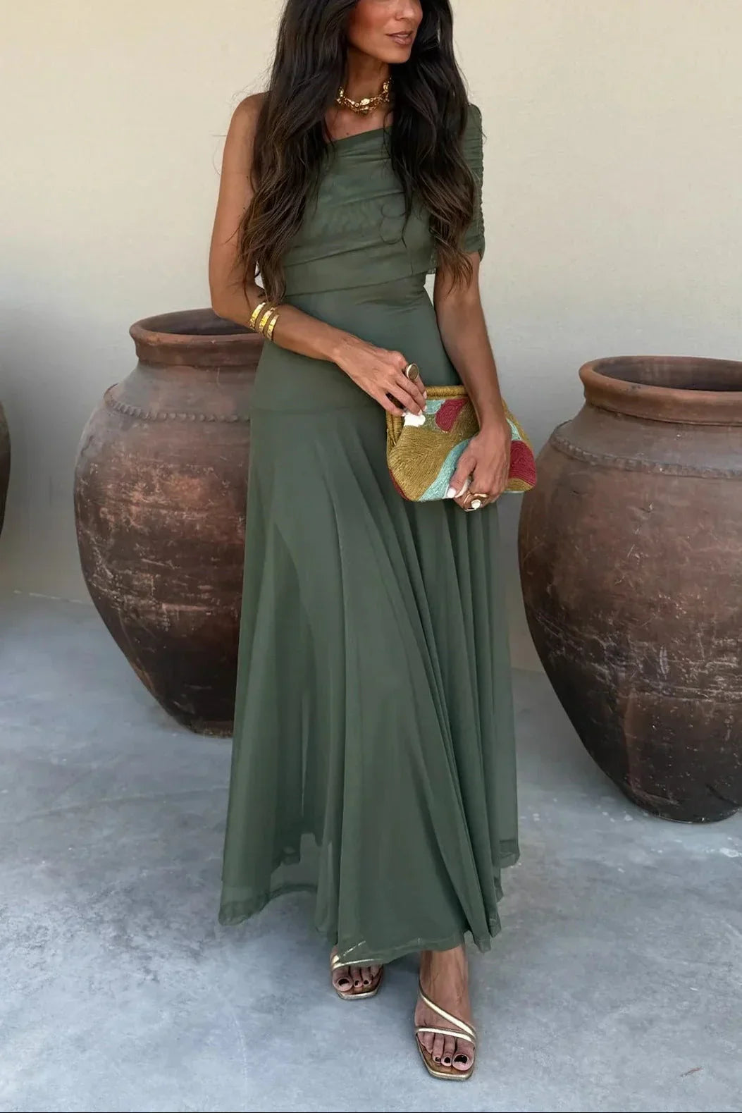 Women's Fluid Summer Dress Lightweight Breathable Flattering Shoulder
