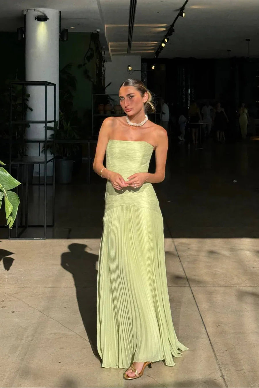Women's Pleated Maxi Dress Fitted Fluid Formal Wedding