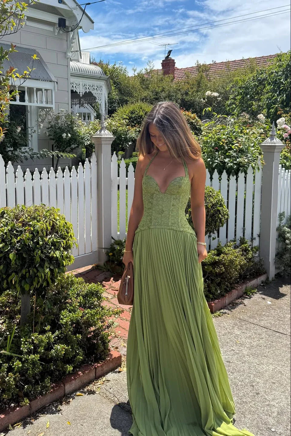 Women's Green Corset Pleated Dress Fitted Bodice Lightweight