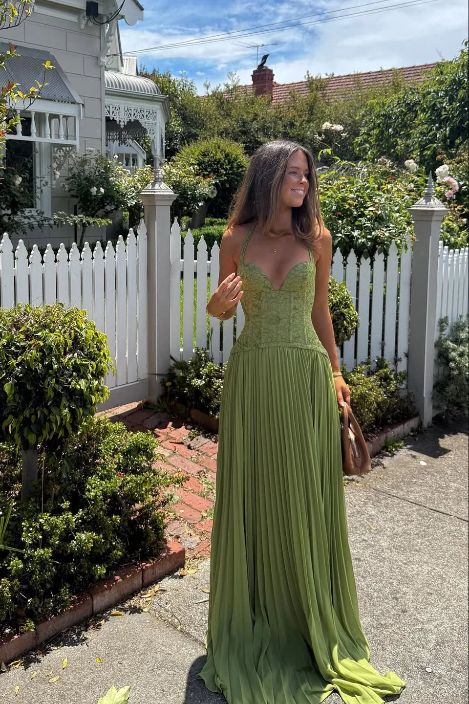 Women's Green Corset Pleated Dress Fitted Bodice Lightweight