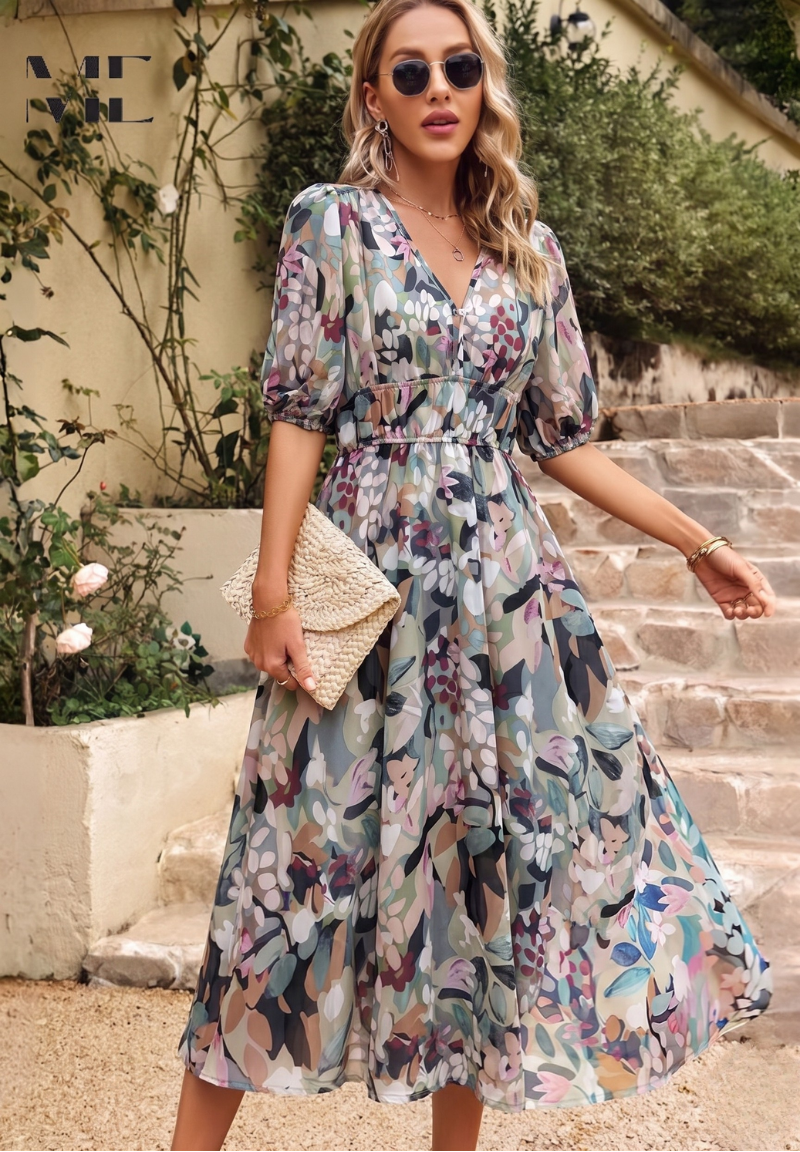 Women's Elegant Floral Midi Evening Dress with Puff Sleeves