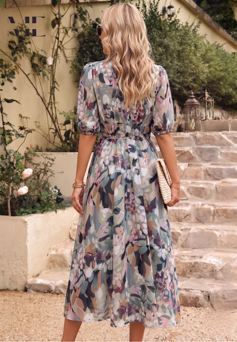 Women's Elegant Floral Midi Evening Dress with Puff Sleeves