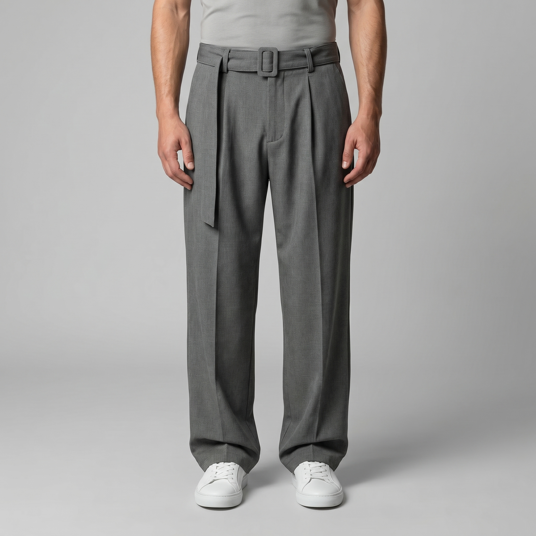 Men's Tailored Wide-Leg Trousers Belted Elastic Waist Smart Casual