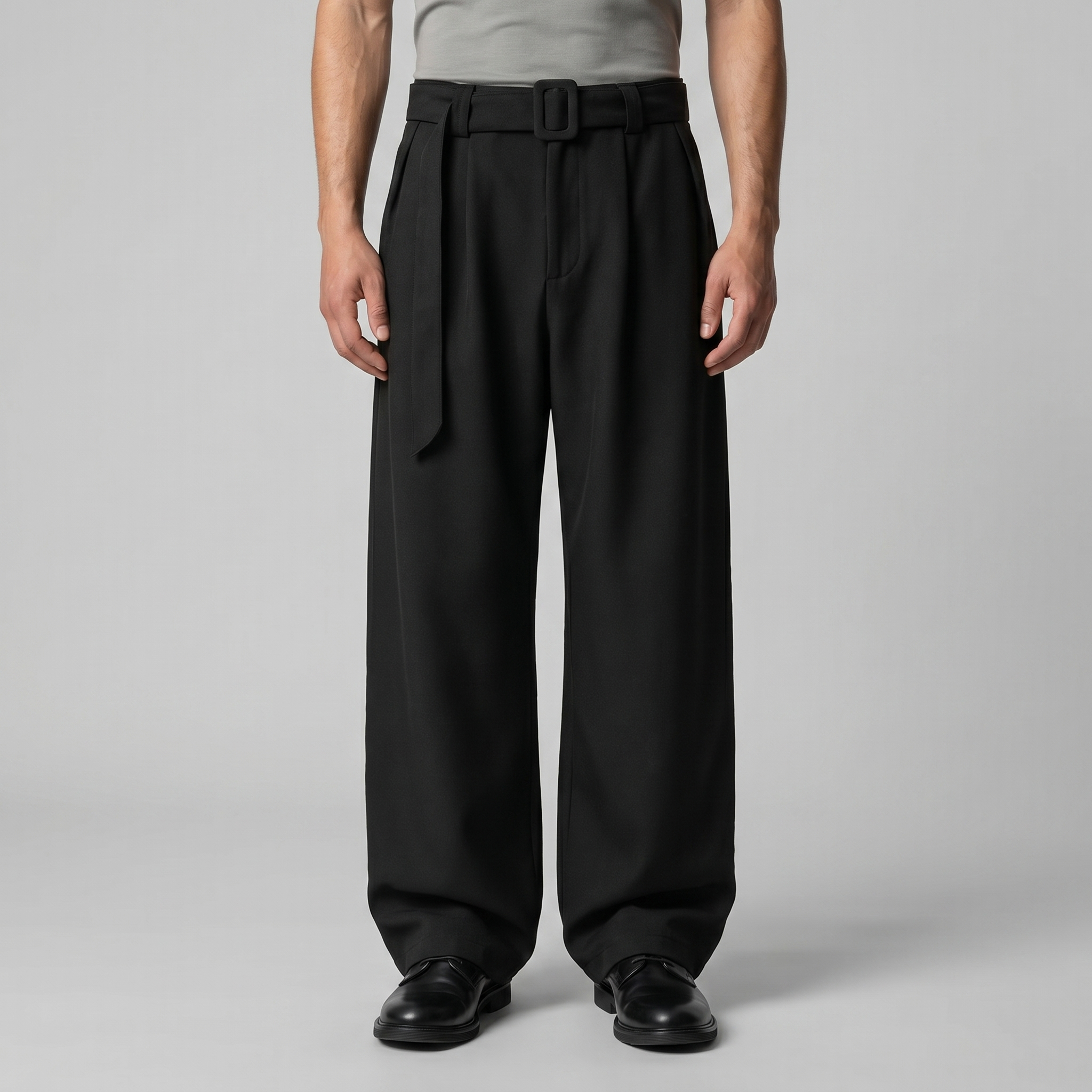 Men's Tailored Wide-Leg Trousers Belted Elastic Waist Smart Casual