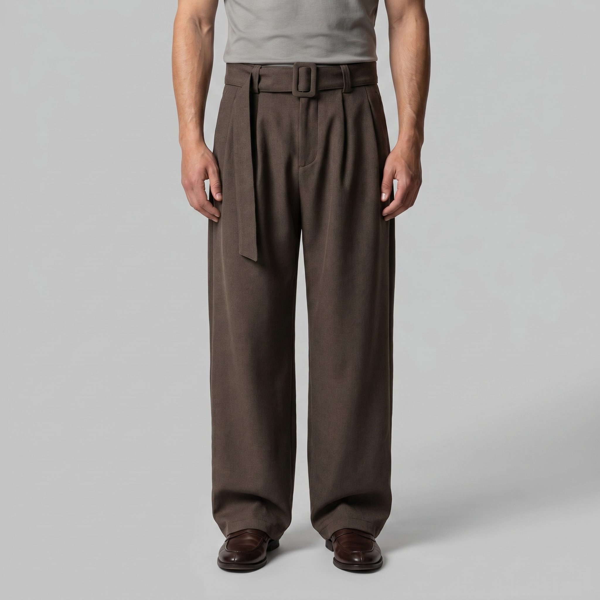 Men's Tailored Wide-Leg Trousers Belted Elastic Waist Smart Casual