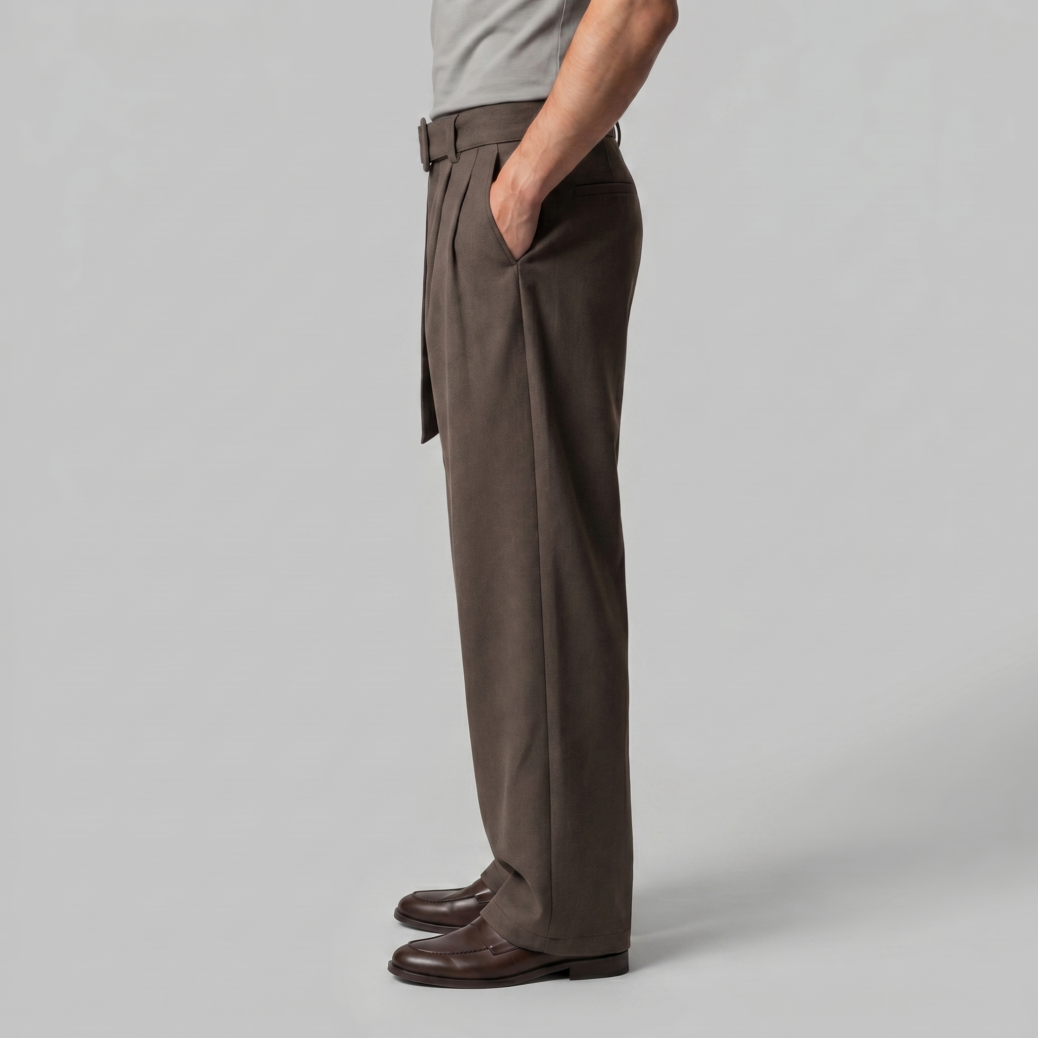 Men's Tailored Wide-Leg Trousers Belted Elastic Waist Smart Casual
