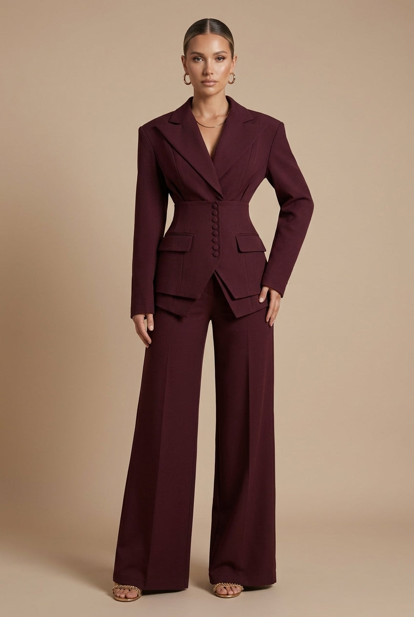 Women's Tailored Two-Piece Suit Blazer & Wide-Leg Trousers