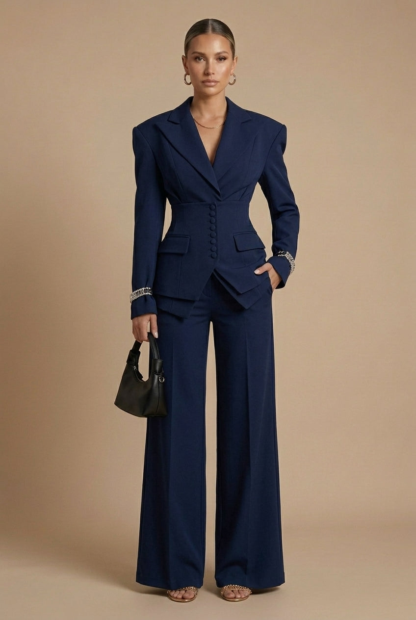 Women's Tailored Two-Piece Suit Blazer & Wide-Leg Trousers