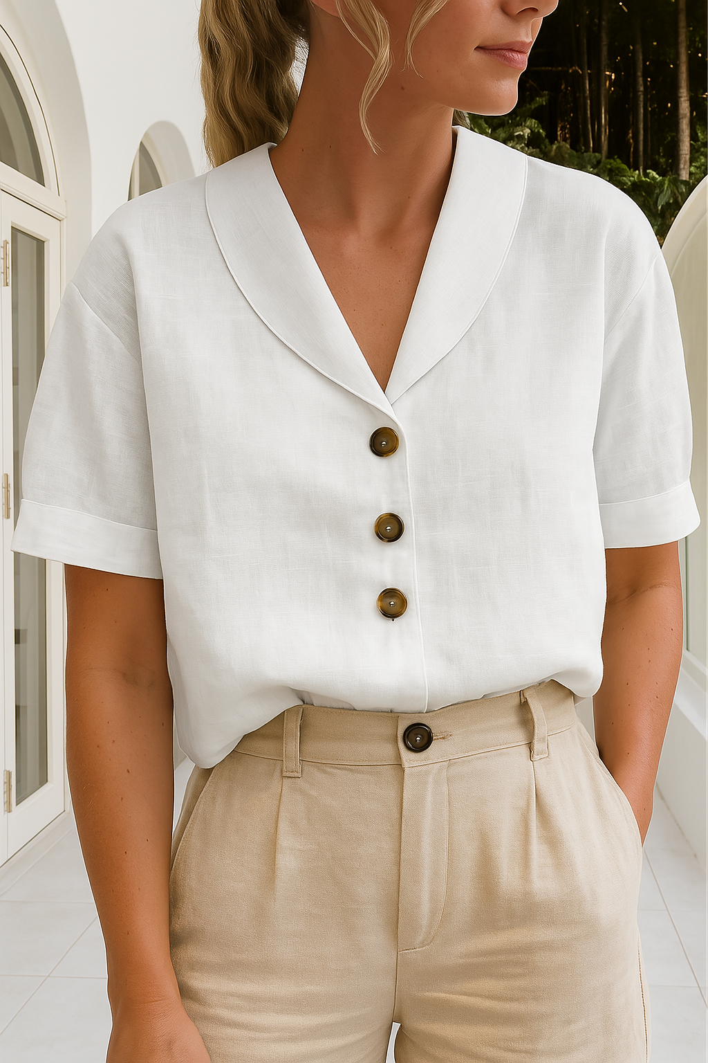 Women's Button Front Blouse Short Sleeve Shawl Collar