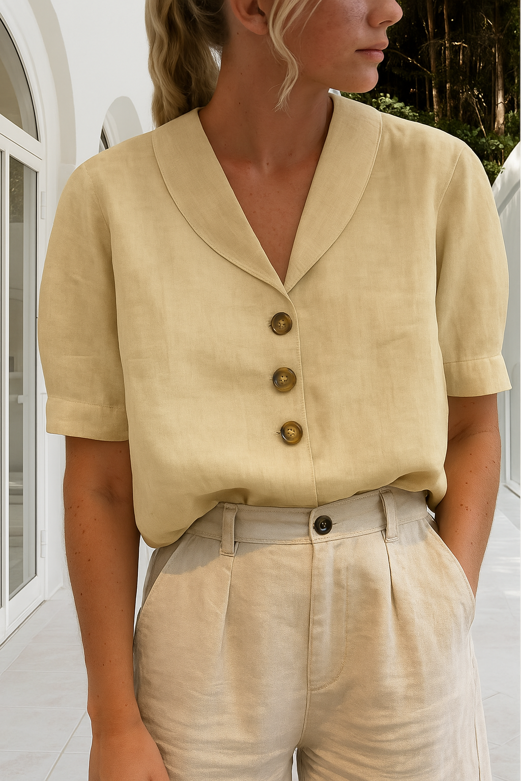 Women's Button Front Blouse Short Sleeve Shawl Collar