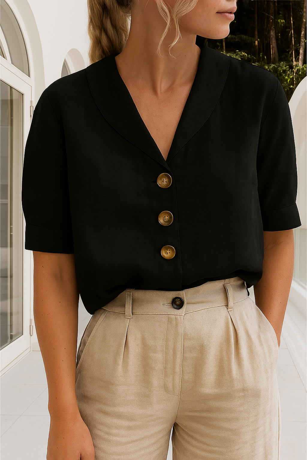 Women's Button Front Blouse Short Sleeve Shawl Collar