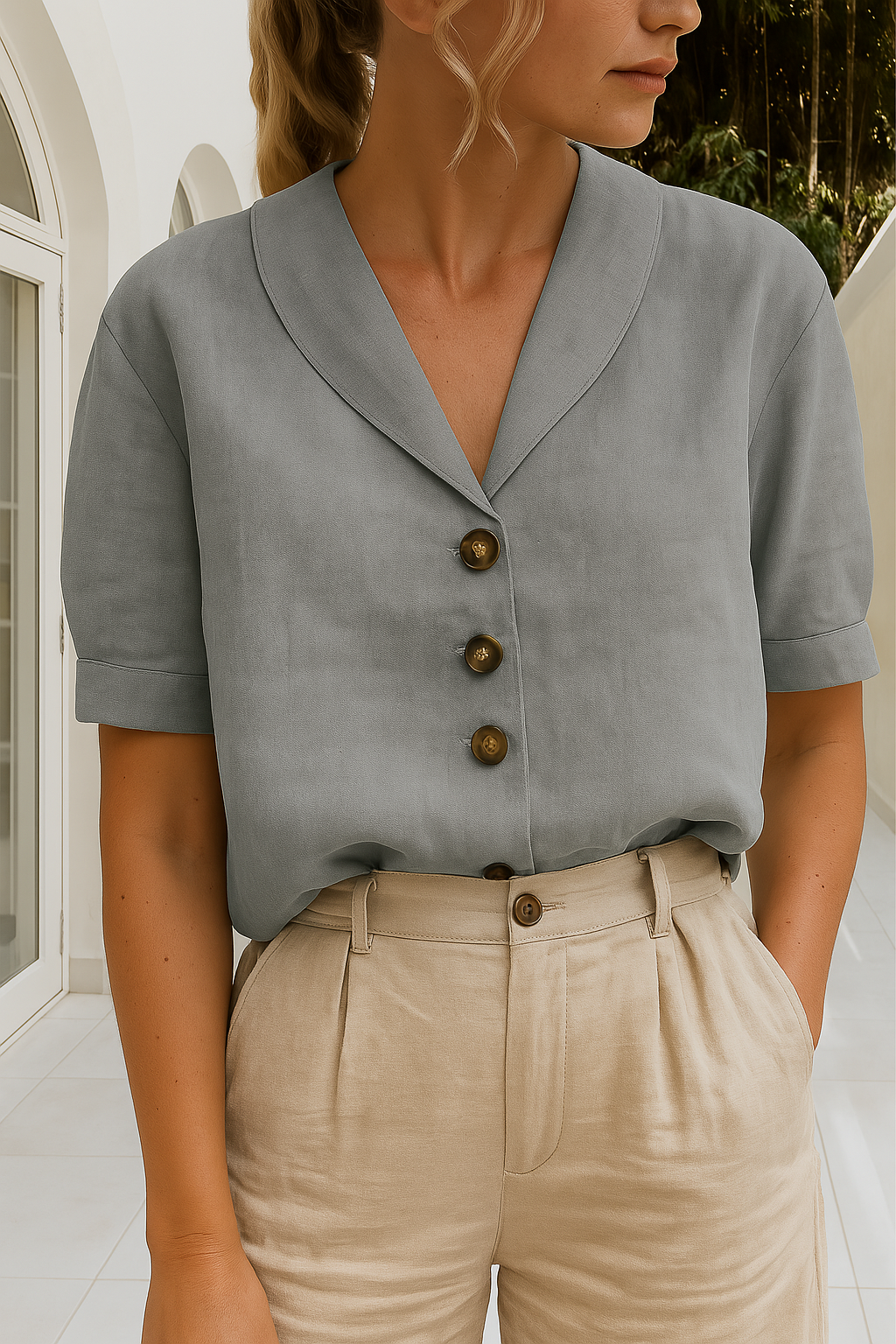 Women's Button Front Blouse Short Sleeve Shawl Collar