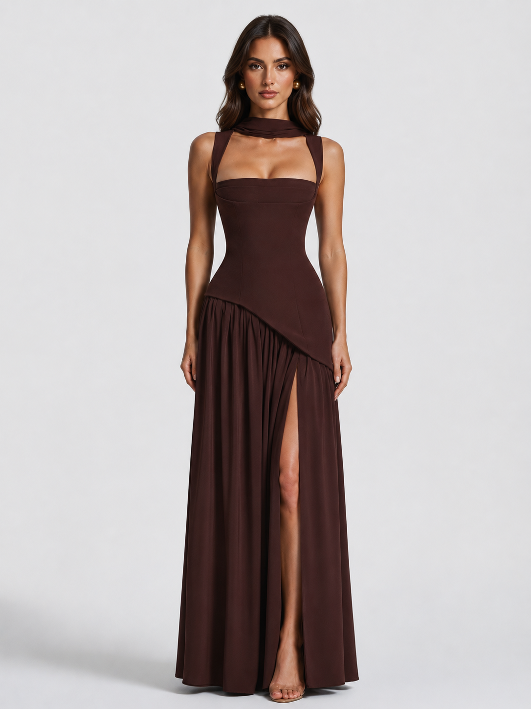 Women's Draped Satin Maxi Dress Sculpted Elegant Silhouette