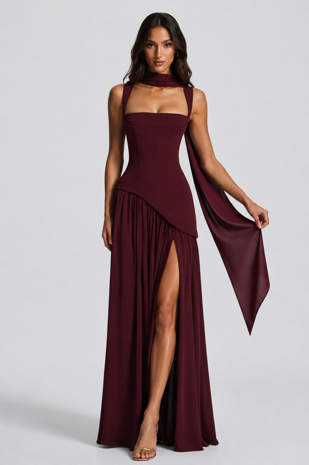 Women's Draped Satin Maxi Dress Sculpted Elegant Silhouette