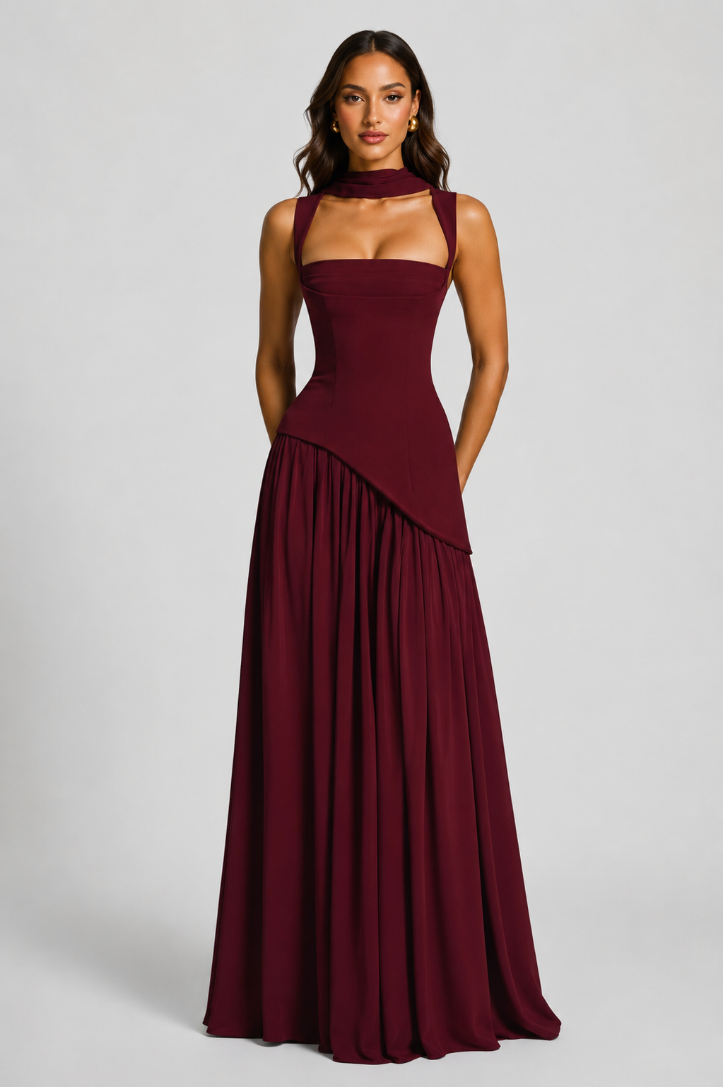 Women's Draped Satin Maxi Dress Sculpted Elegant Silhouette