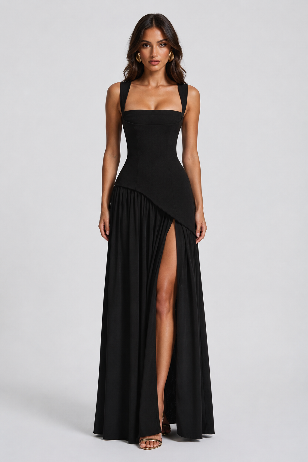 Women's Draped Satin Maxi Dress Sculpted Elegant Silhouette