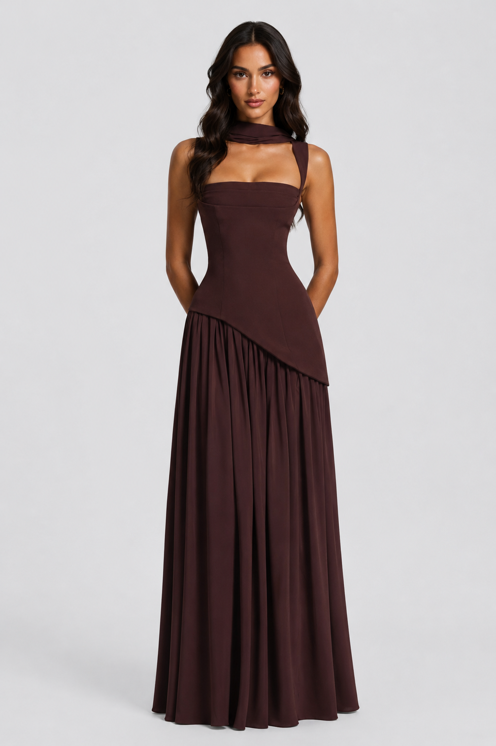 Women's Draped Satin Maxi Dress Sculpted Elegant Silhouette