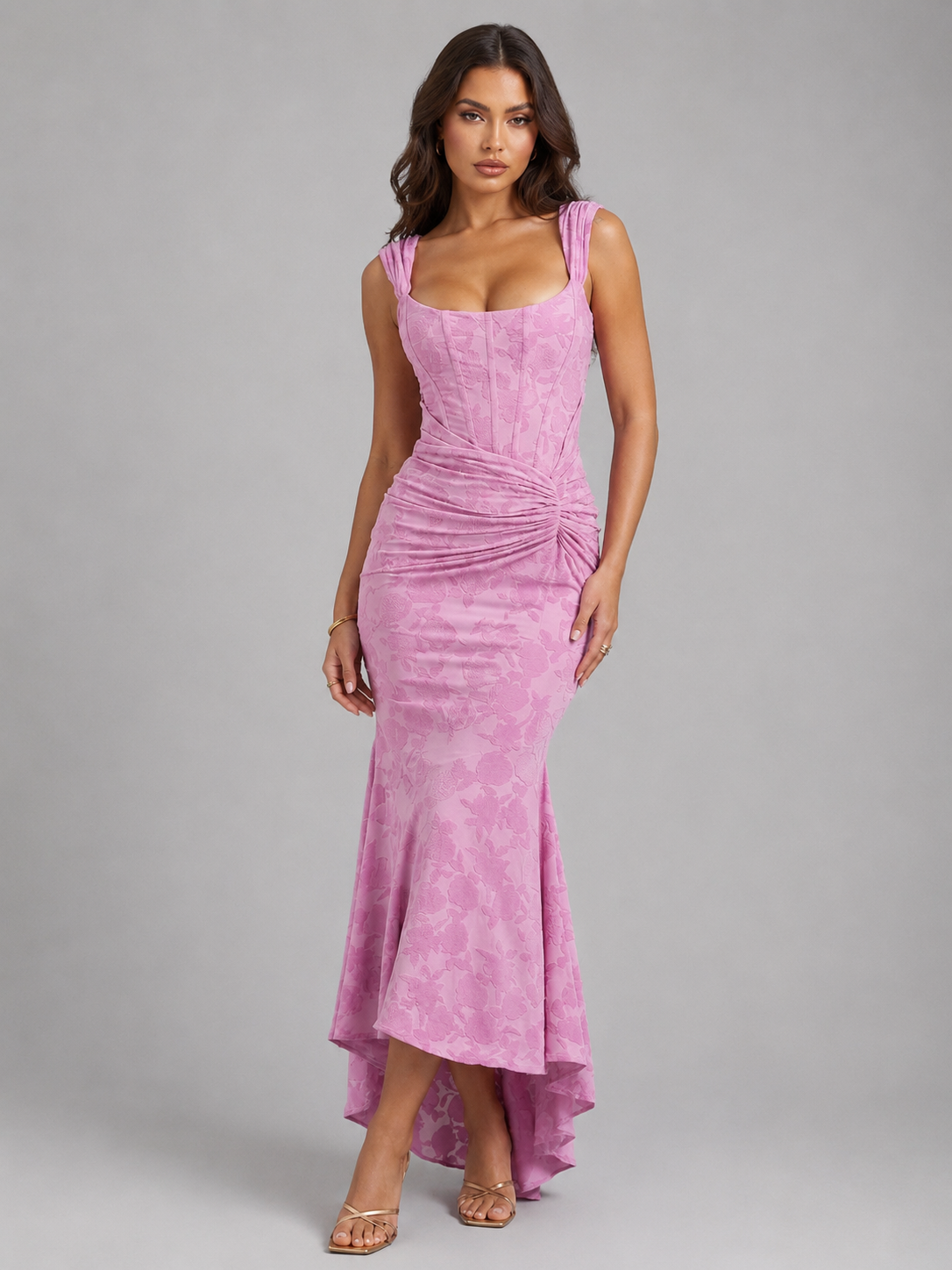 Women's Floral Corset Maxi Dress Asymmetrical Hem Sculpted Silhouette
