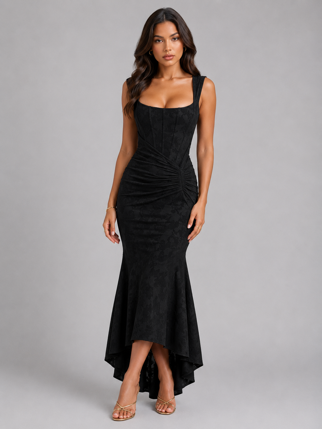 Women's Floral Corset Maxi Dress Asymmetrical Hem Sculpted Silhouette