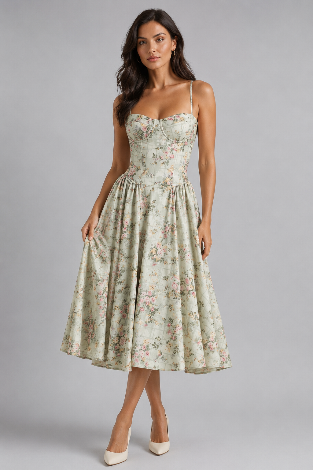 Women's Floral Corset Midi Dress Sweetheart Neck Wedding Guest Style