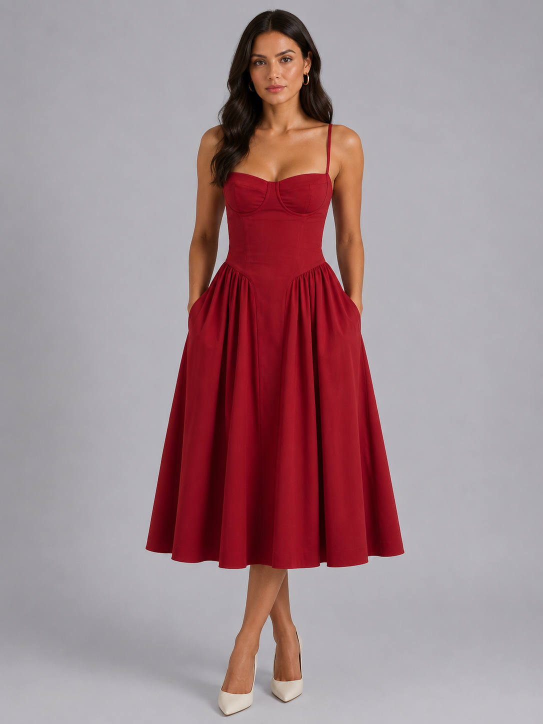Women's Floral Corset Midi Dress Sweetheart Neck Wedding Guest Style