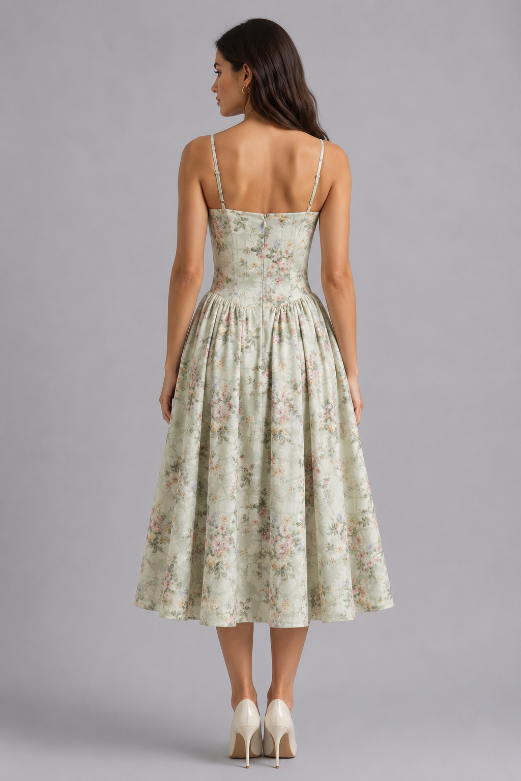 Women's Floral Corset Midi Dress Sweetheart Neck Wedding Guest Style