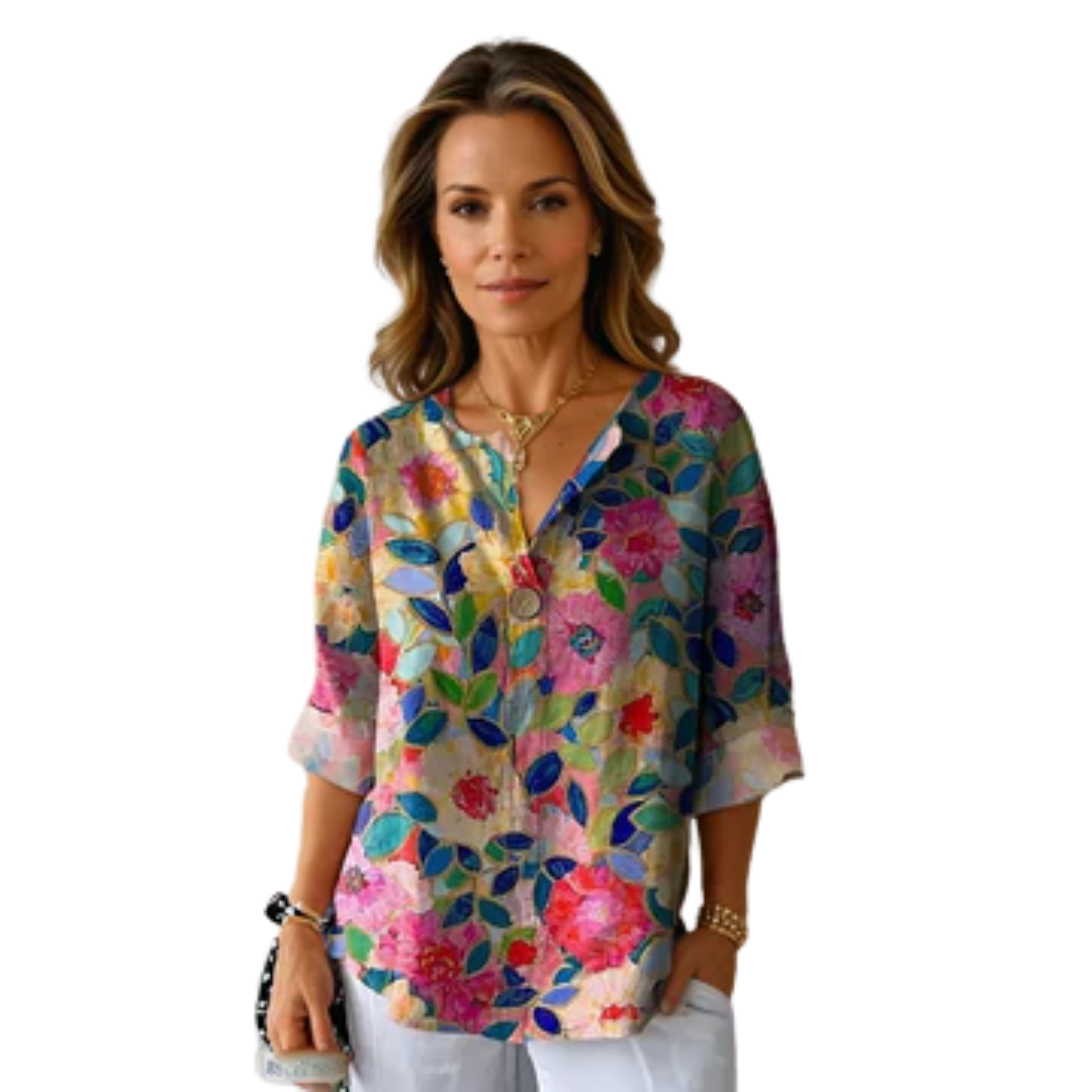 Women's Floral Print Blouse Three Quarter Sleeve Button Front Loose - 1