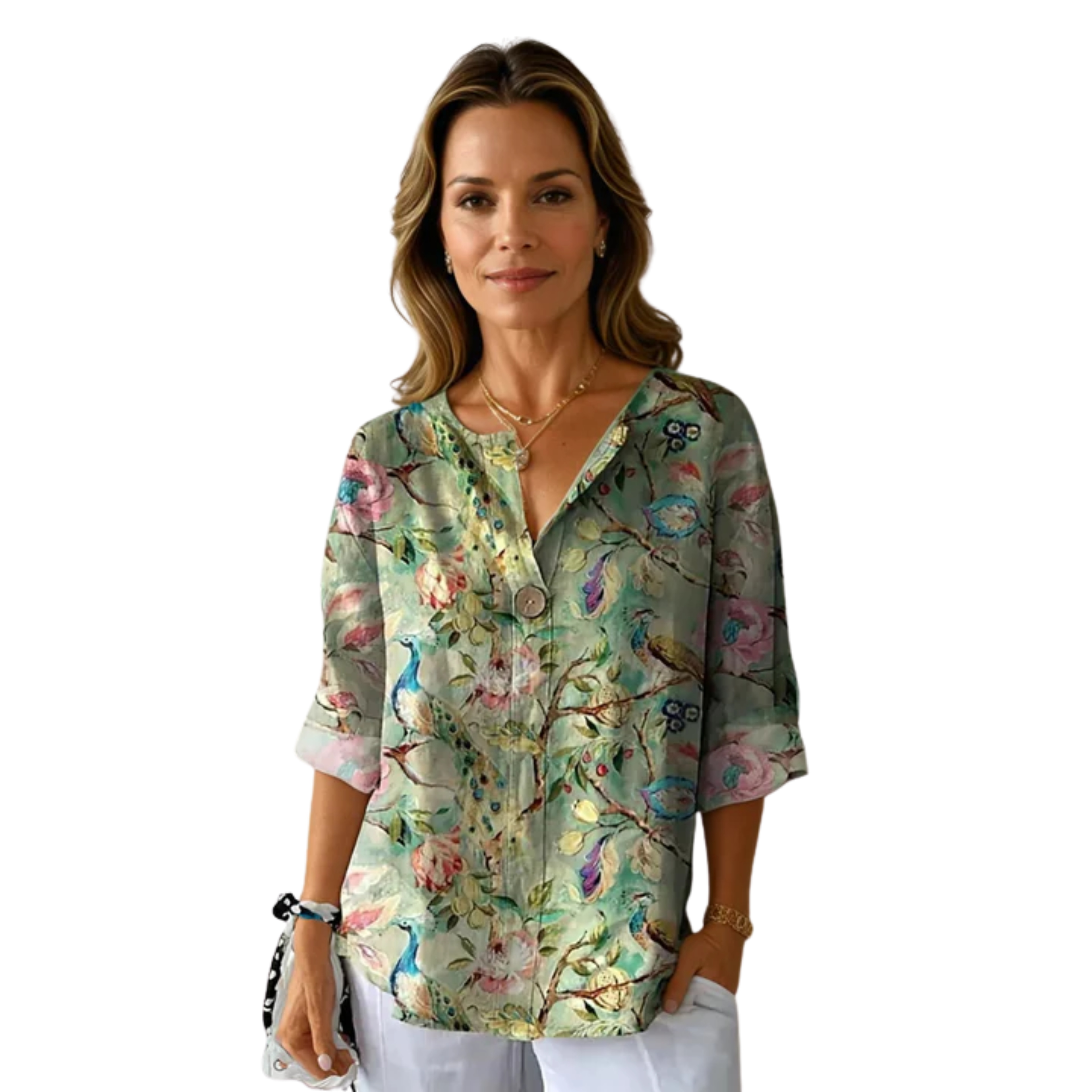 Women's Floral Print Blouse Three Quarter Sleeve Button Front Loose - 3