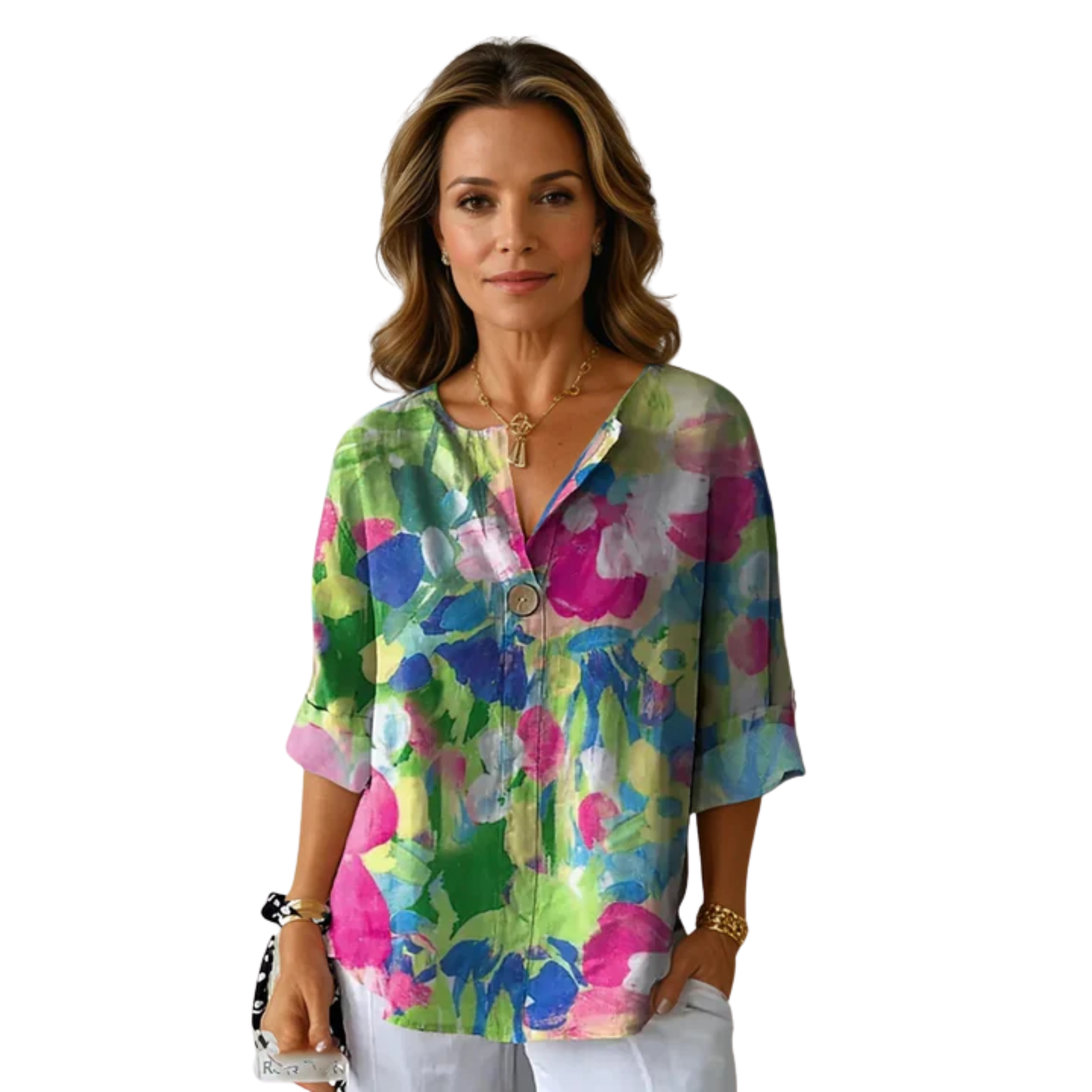 Women's Floral Print Blouse Three Quarter Sleeve Button Front Loose - 4