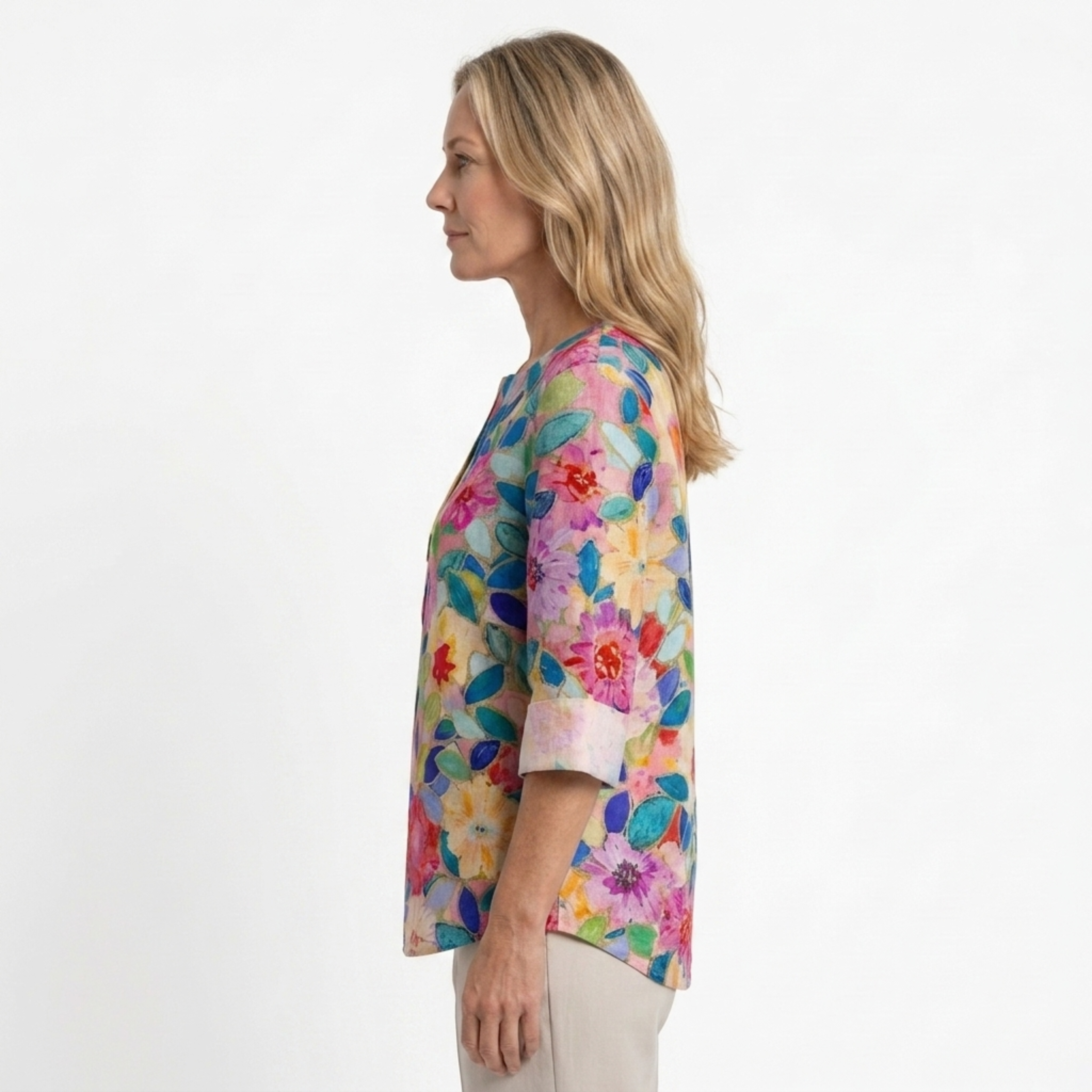 Women's Floral Print Blouse Three Quarter Sleeve Button Front Loose - 7