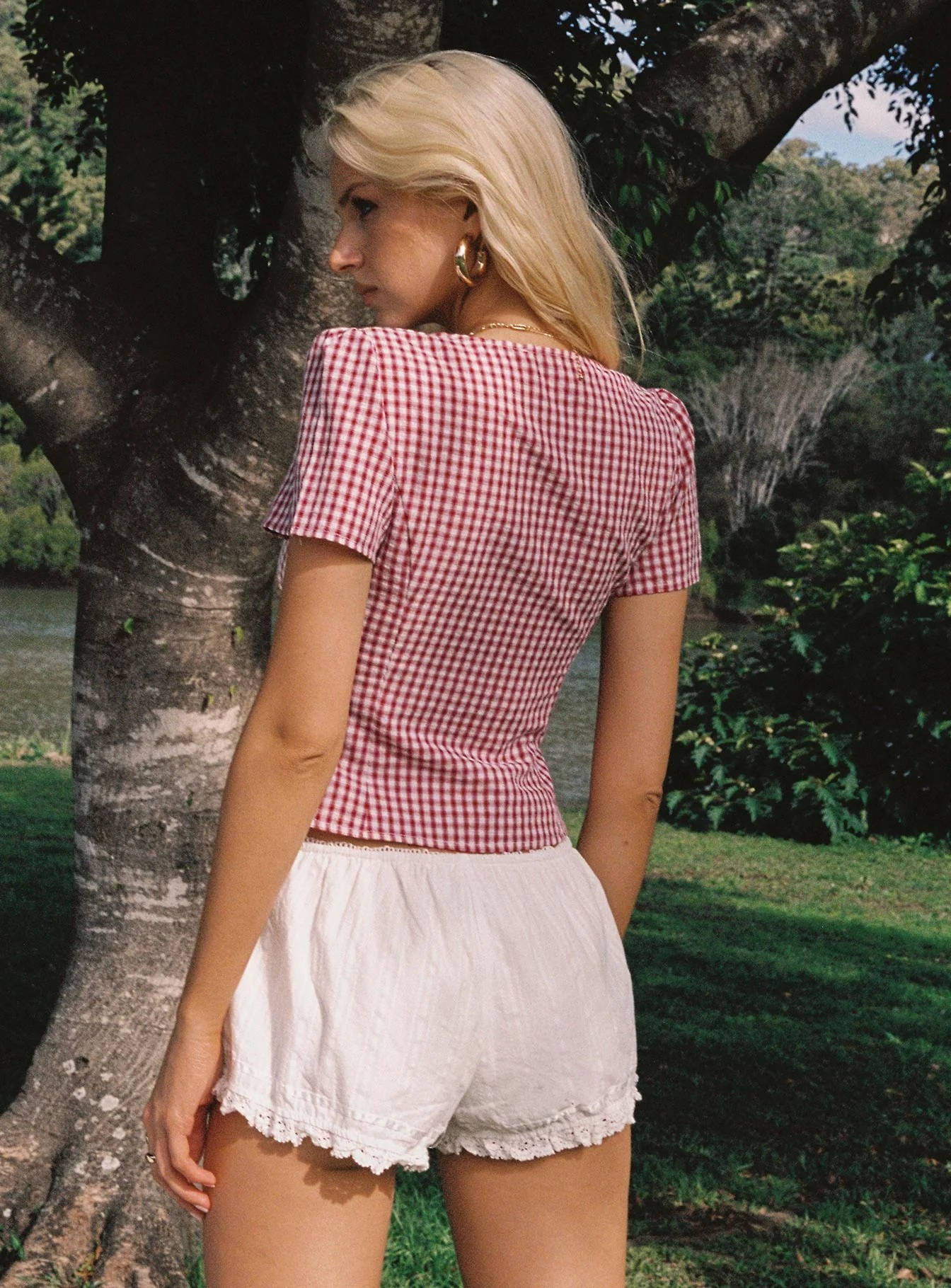Women's Gingham Crop Summer Blouse V-Neck Puff Sleeve Ruched Button - 4