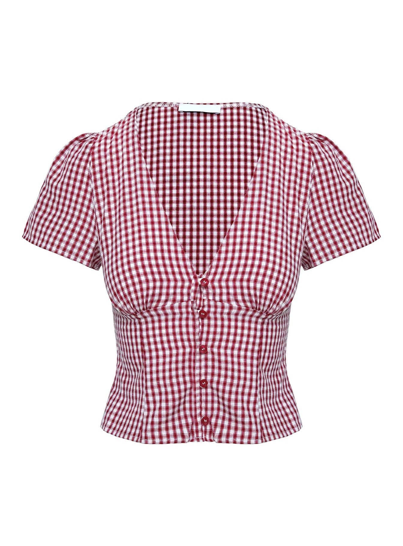 Women's Gingham Crop Summer Blouse V-Neck Puff Sleeve Ruched Button - 7