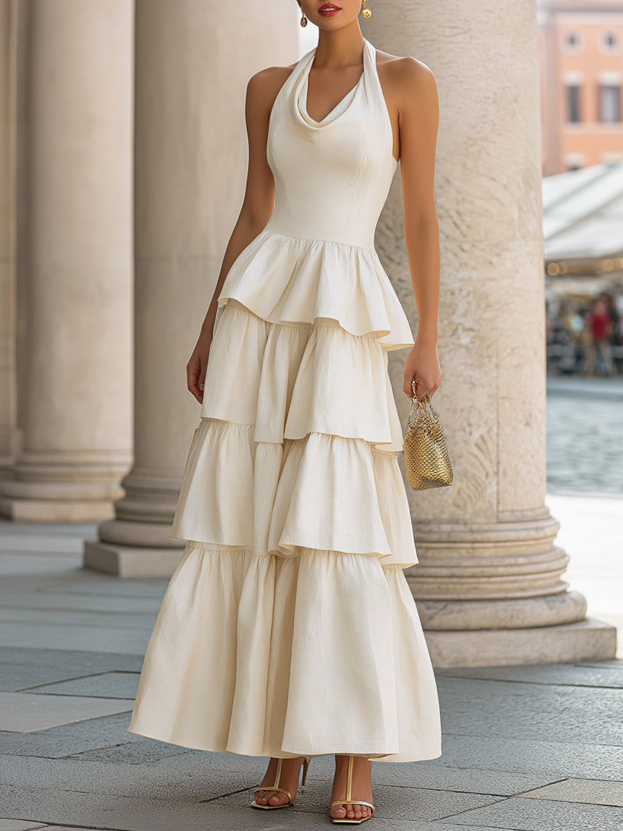 Women's Ivory Halter Tiered Maxi Dress Peplum Waist Fitted Bodice - 1