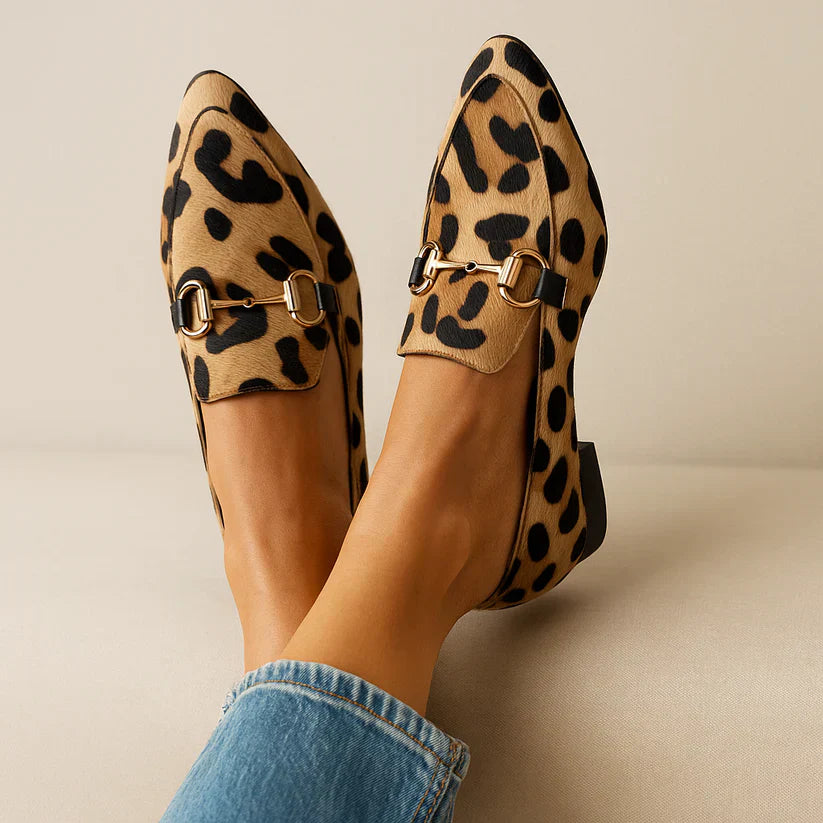 Women's Leopard Print Loafers Slip On Gold Buckle Detail